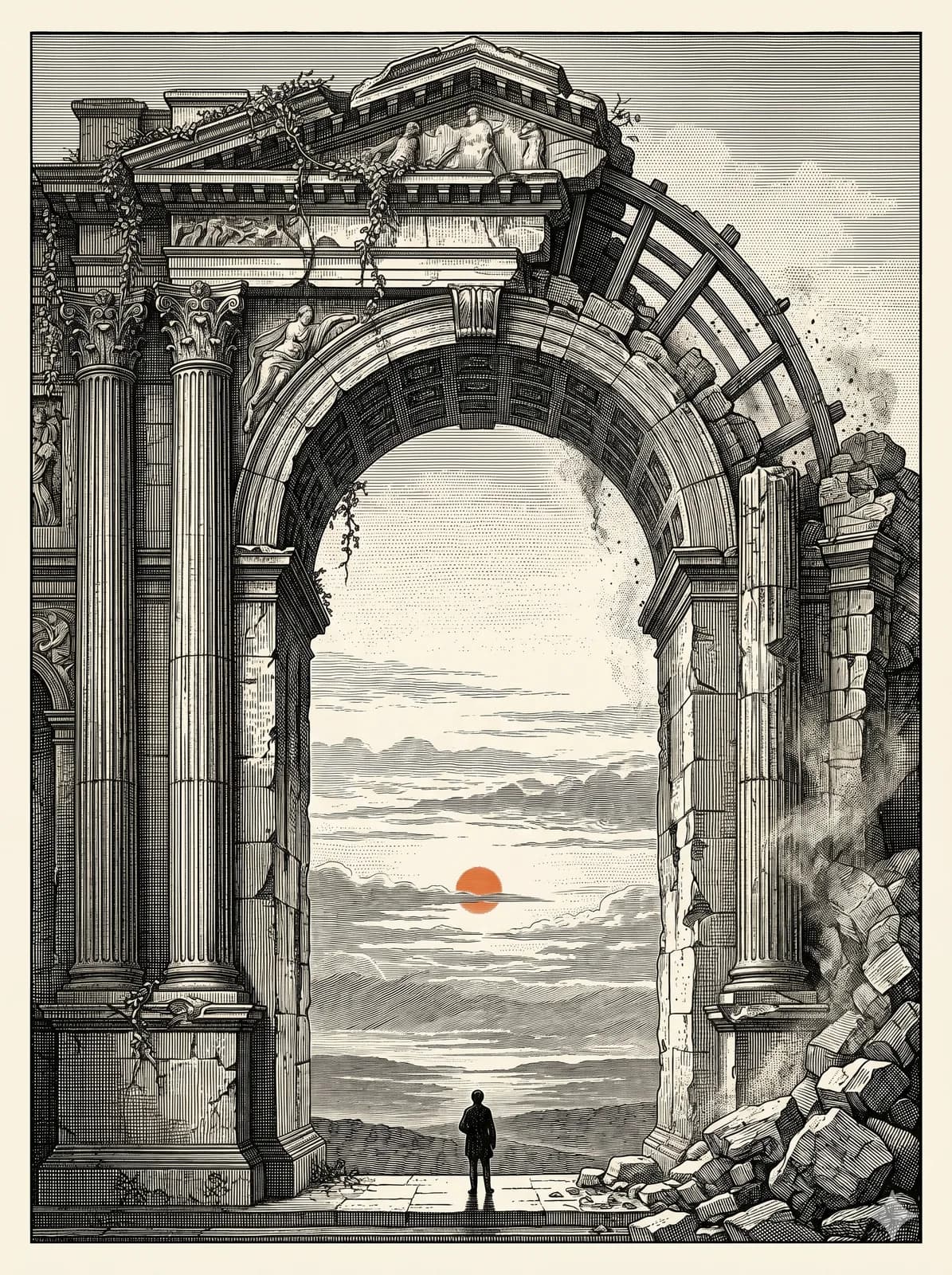 Portada de «La gran transición»: un arco antiguo enmarca un horizonte distante.