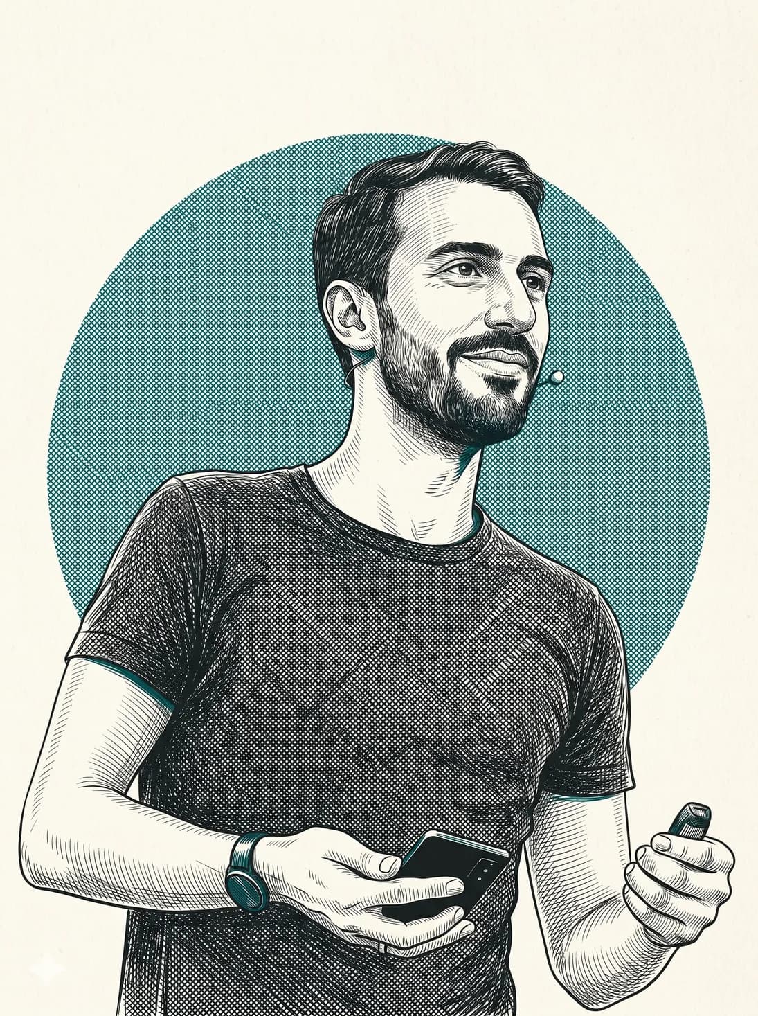 Retrato grabado de Juan Camilo González, de tres cuartos, sobre un círculo en tono petróleo.