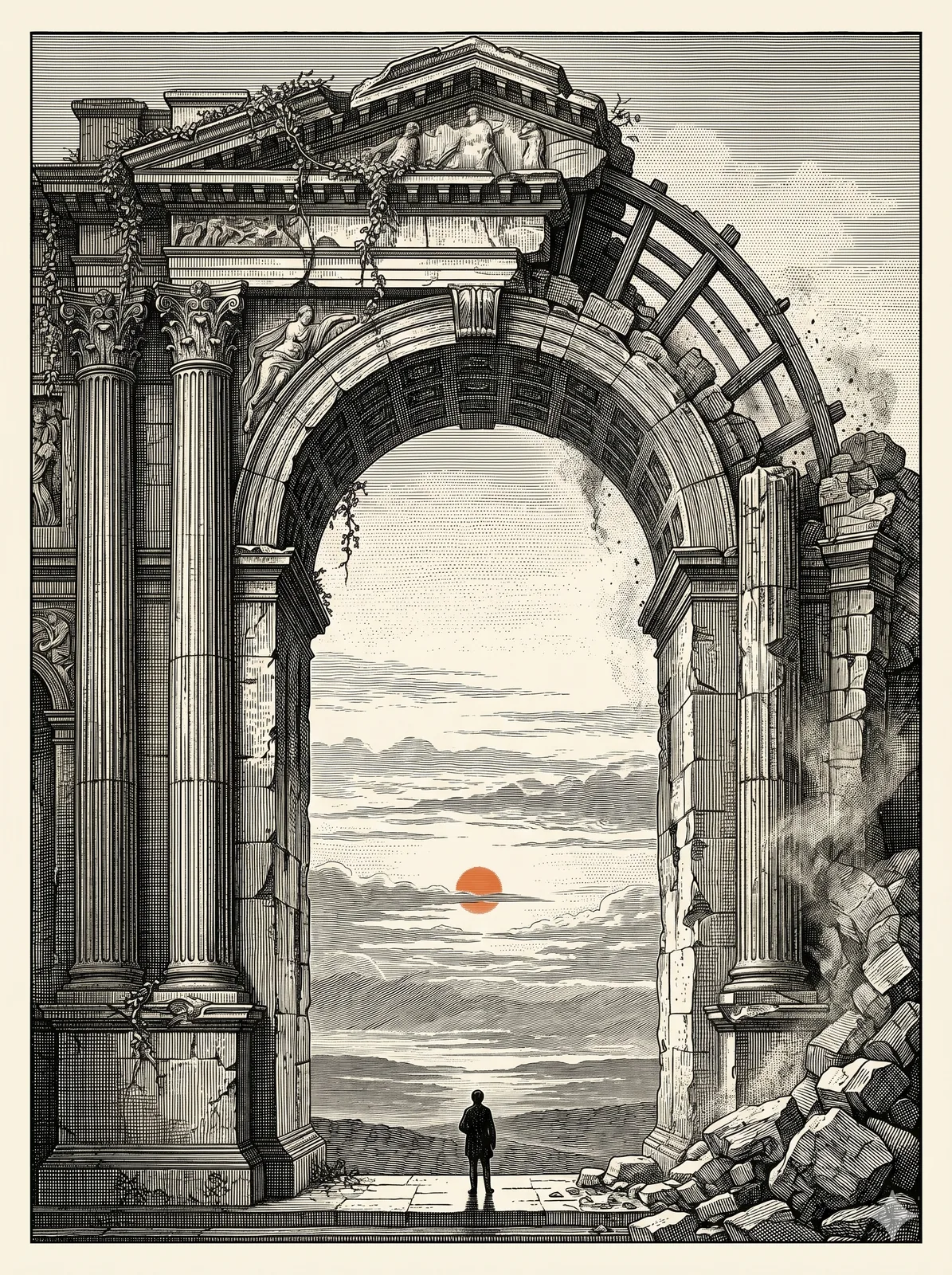 El umbral del interregno: un arco antiguo —mitad intacto, mitad colapsado— enmarca un horizonte distante con un sol cálido al fondo; una figura humana, vista de espaldas, se asoma al umbral.