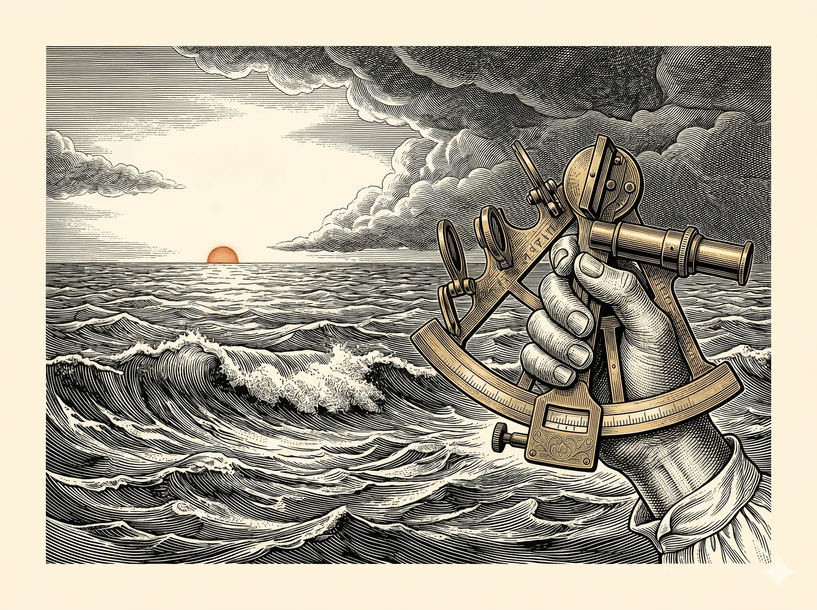 Mano sosteniendo un sextante de bronce sobre un mar tormentoso; en la distancia, un pequeño sol al horizonte