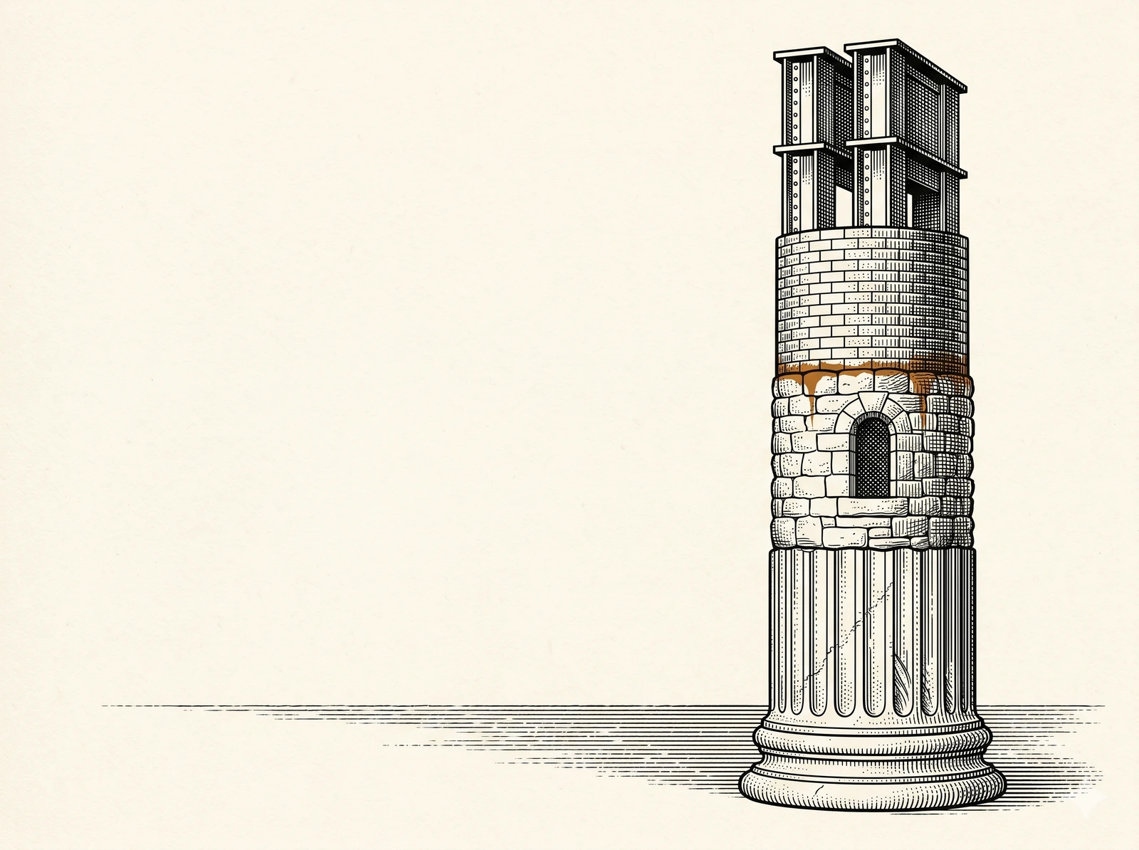 Columna estratificada: cuatro eras superpuestas como capas geológicas