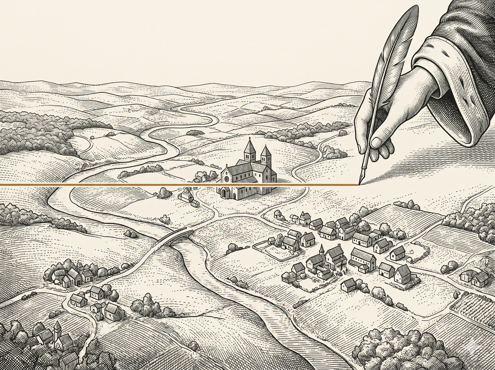 Mano trazando una línea ocre que corta un paisaje medieval continuo y atraviesa una catedral