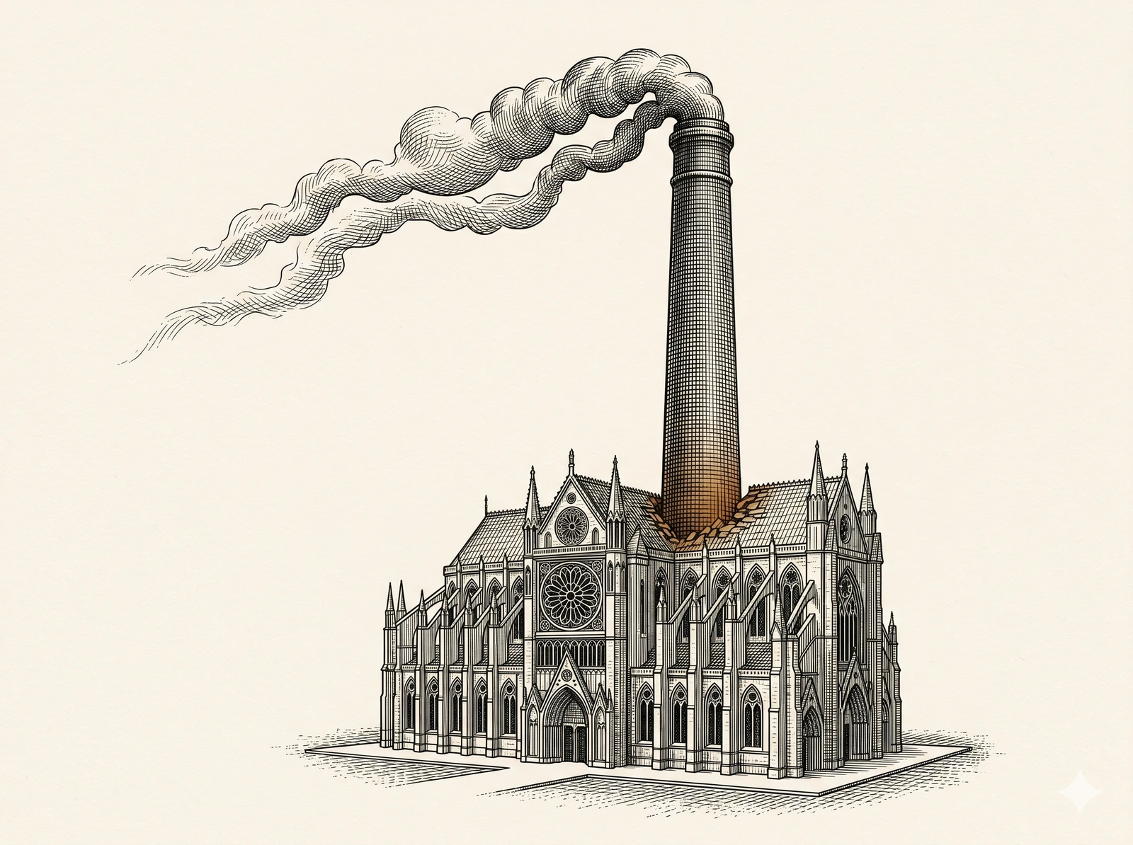 Catedral gótica con chimenea industrial creciendo desde su interior