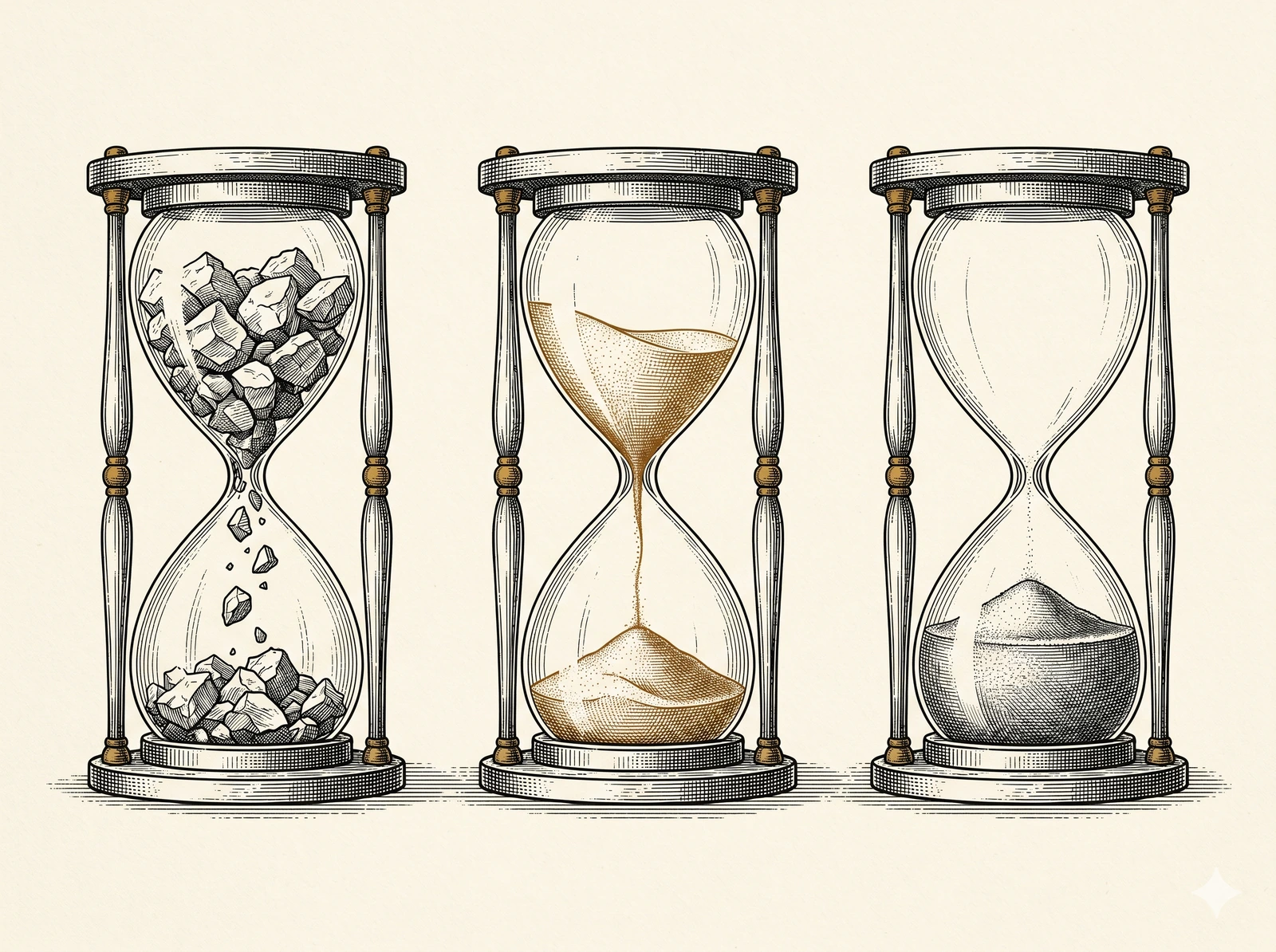 Tres relojes de arena: ruptura, fricción y consolidación