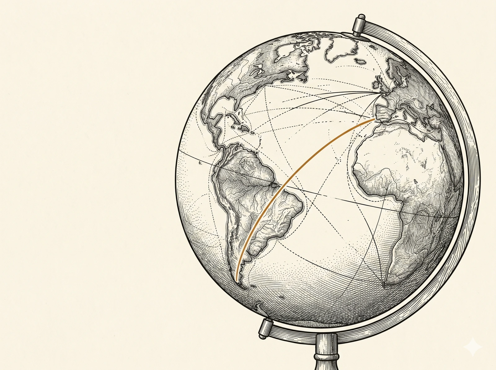 Globo terráqueo con las antiguas rutas de comercio borradas y una sola conexión superviviente trazada en ocre