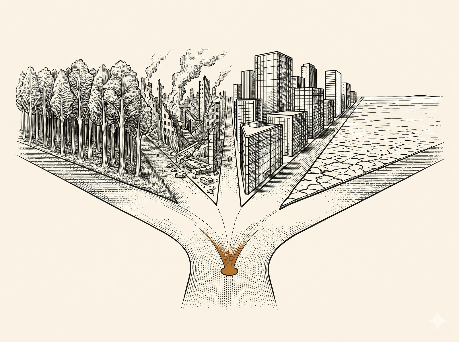 Cuatro caminos divergentes desde un punto de convergencia: bosque, ciudad en ruinas, ciudad geométrica de vidrio, llanura agrietada