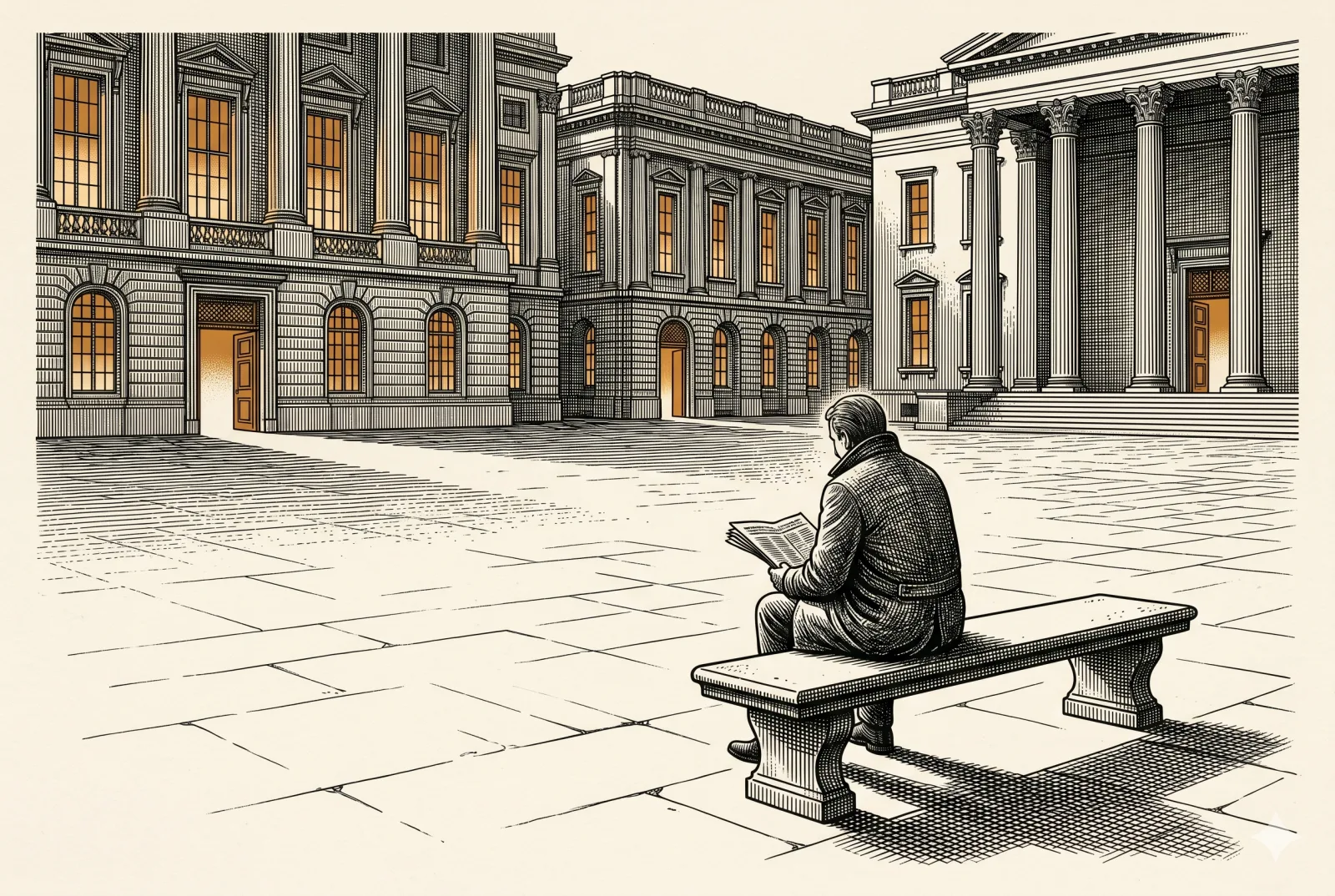 Una figura humana sentada en una banca de plaza pública, el periódico cerrado sobre las rodillas, las fachadas de las instituciones al fondo iluminadas pero sin gente