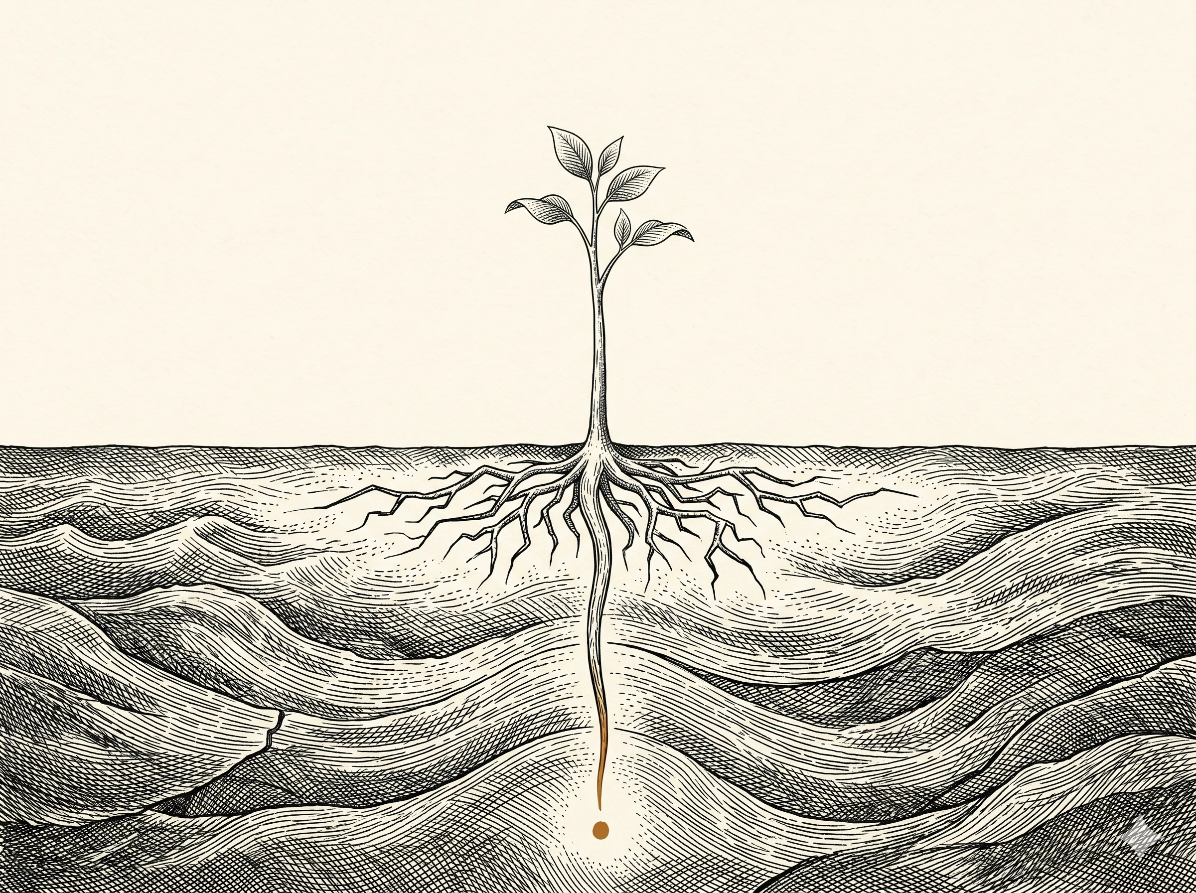 Un árbol joven sobre tierra inquieta dibujada como el mar. La mayoría de sus raíces son cortas y laterales; una sola raíz desciende profunda hasta un único punto de ocre al fondo de la imagen