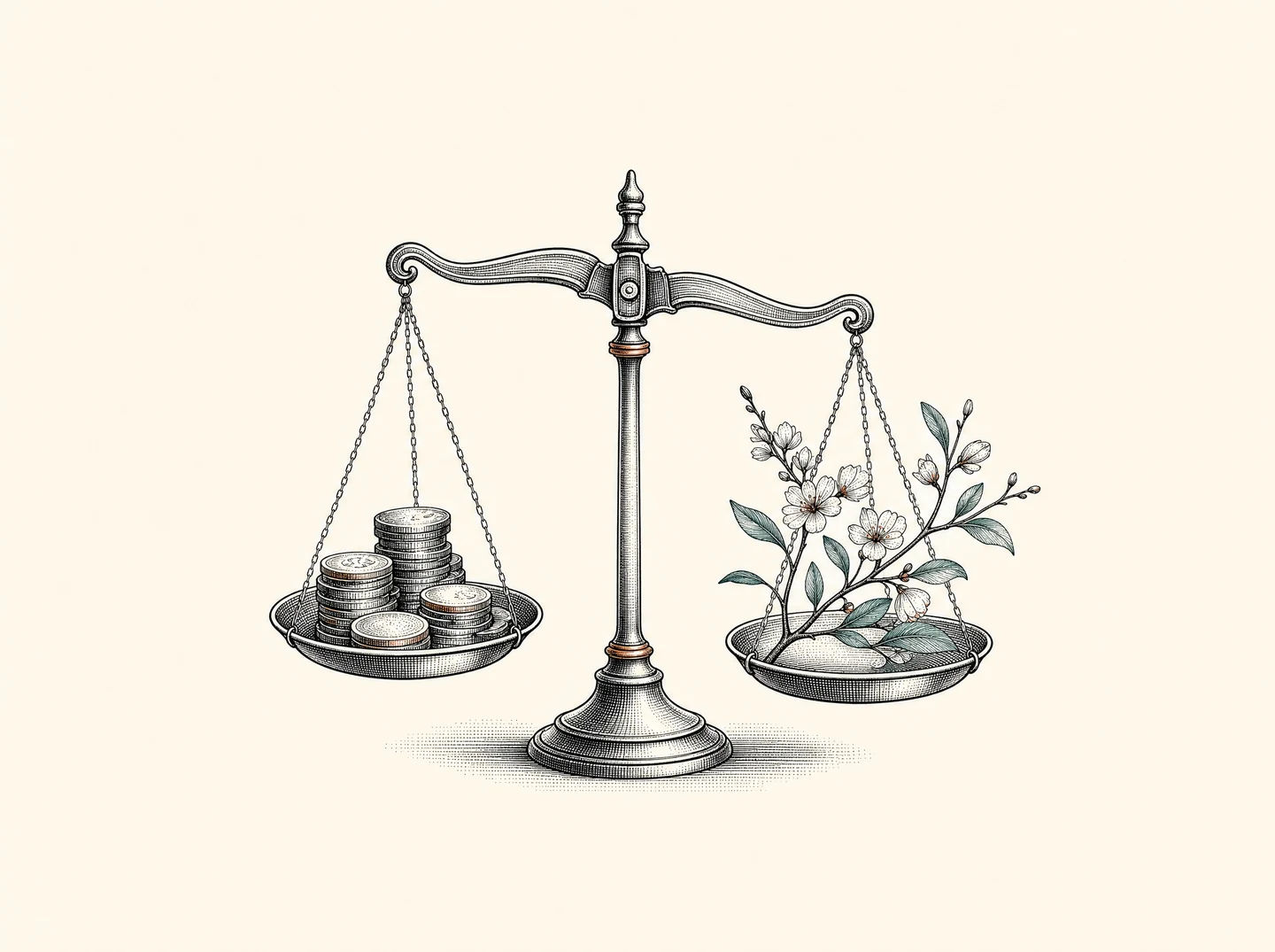 Una balanza entre monedas y una flor