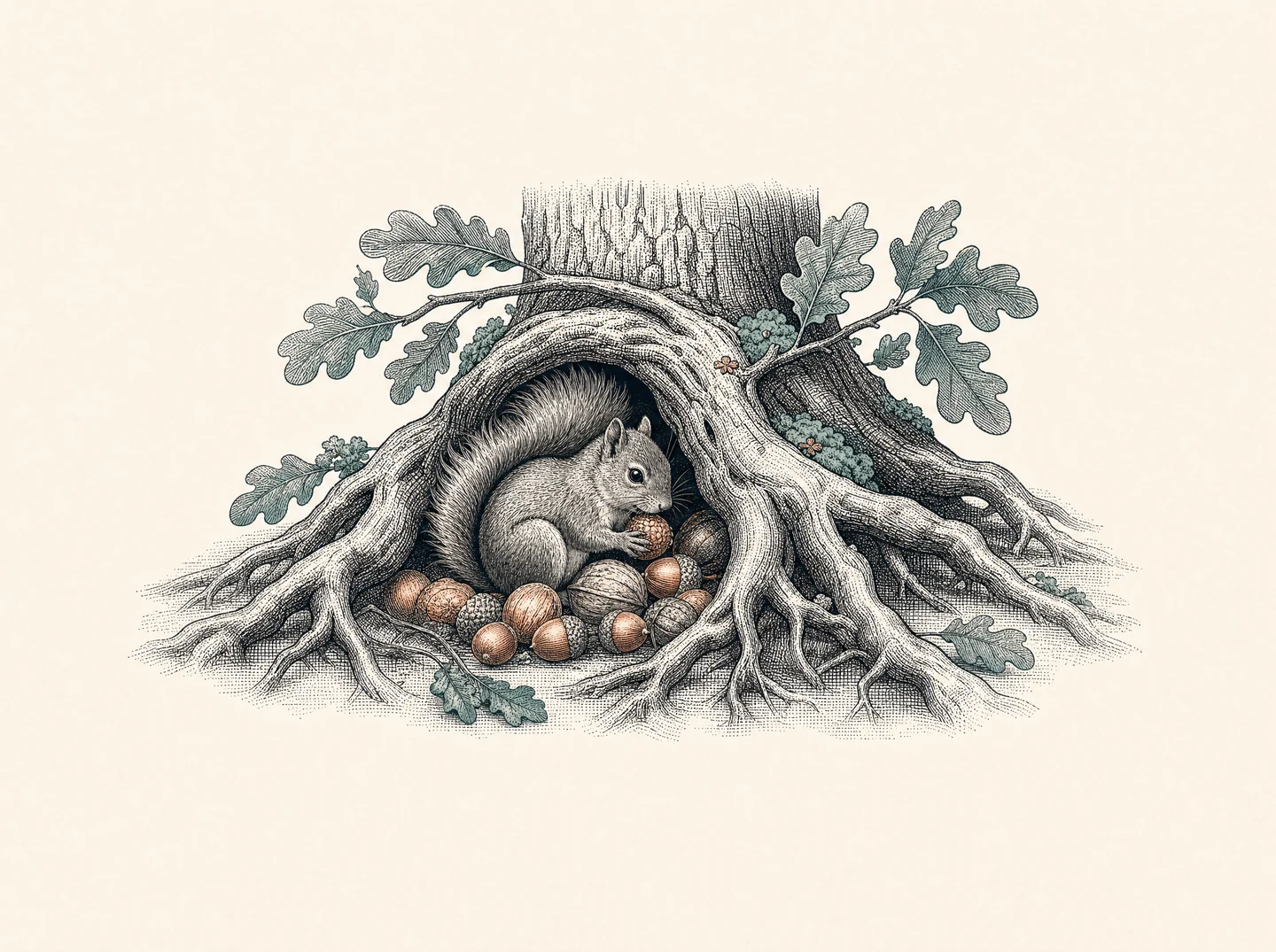 Una ardilla guarda nueces bajo un árbol